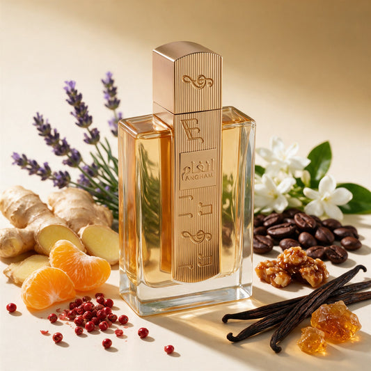 مكونات عطر ANGHAM — زنجبيل، ماندرين، فلفل وردي، لافندر، ياسمين، كاكاو، برالين، فانيليا، عنبر